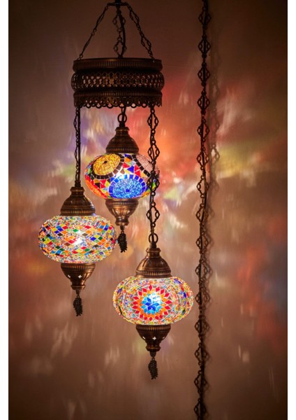 Mozaik Lamba Osmanlı Otantik Renkli Camlı El Yapımı Boho Sarkıt Avize, 3 Büyük Cam, 95CM