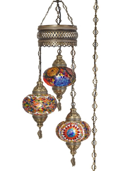 Mozaik Lamba Osmanlı Otantik Renkli Camlı El Yapımı Boho Sarkıt Avize, 3 Büyük Cam, 95CM