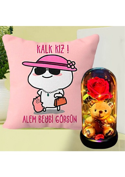 Kalk Kız Alem Beybi Görsün Yastık & Ayıcıklı Kırmızı Gül Işıklı Teraryum Fanus