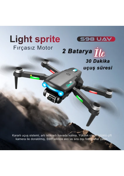 S98 Drone Fırçasız Motor 2 Batarya ile 30 Dakika Uçuş Süresi Wifi 1080P Hd Çift Kameralı Işıklı Taşıma Çantalı