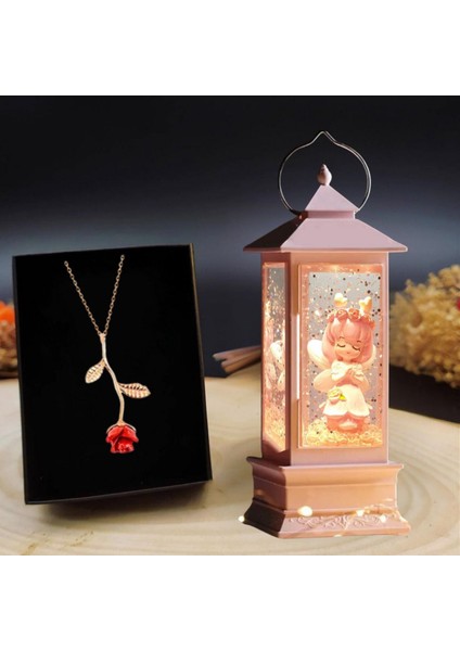 Bir Dilek Tut Dilek Perisi Işıklı Özel Tasarım Sim Kar Küresi & Gold Rose Gül Kolye