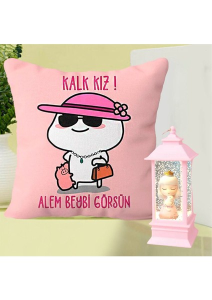 Kalk Kız Alem Beybi Görsün Yastık & Kedili Kız Işıklı Pembe Kar Küresi