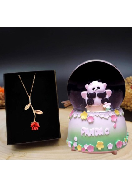 Panda Doğum Günü Işıklı Müzikli Kar Küresi Hediye & Gold Rose Gül Kolye