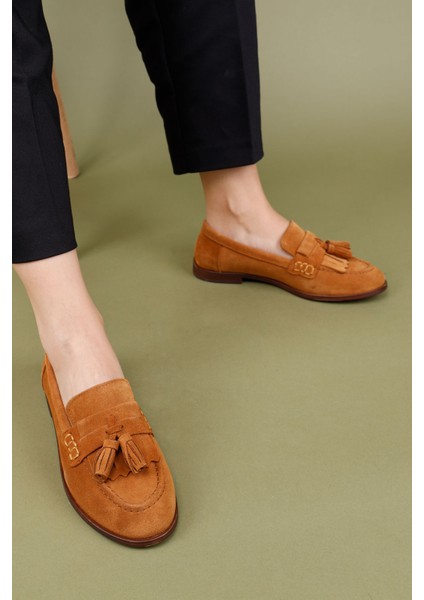Corna Kadın Hakiki Süet Deri Taba Loafer Ayakkabı