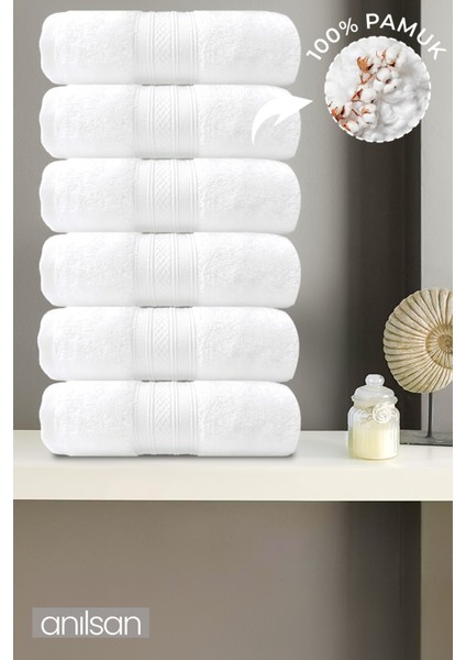 6'lı Beyaz Bordürlü El Havlusu - 50x90 Cm, 250 Gr, %100 Pamuk, Spa Ve Otel Havlusu