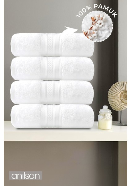 4'lü Beyaz Bordürlü El Havlusu - 50x90 Cm, 250 Gr, %100 Pamuk, Spa Ve Otel Havlusu