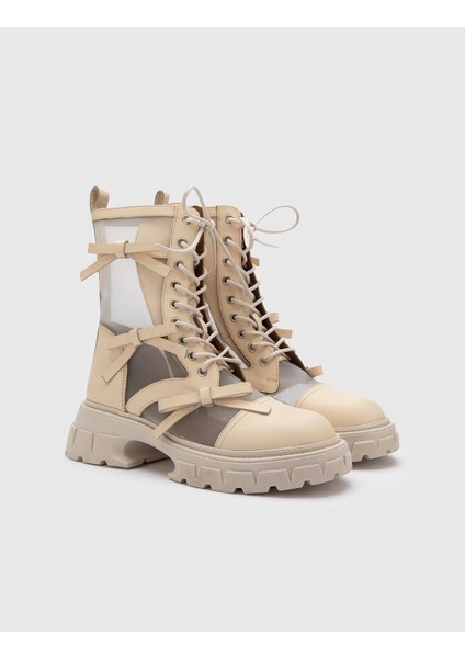 Cenevre Hakiki Deri Kadın Bej Bot