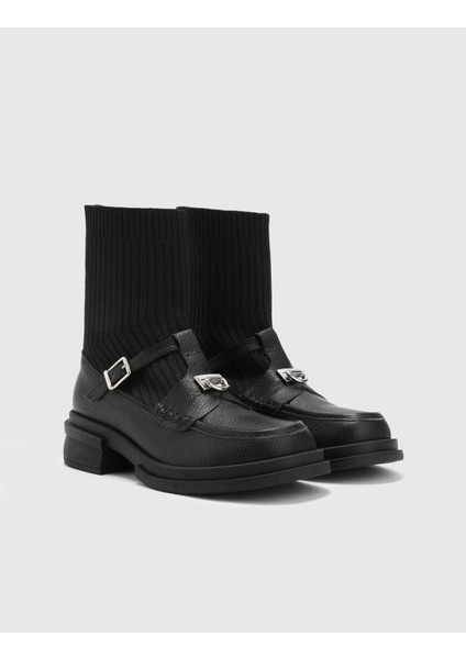 Alie Hakiki Deri Triko Kadın Siyah Bot