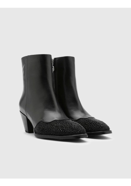 Franny Hakiki Deri Süet Taşlı Kadın Siyah Topuklu Bot