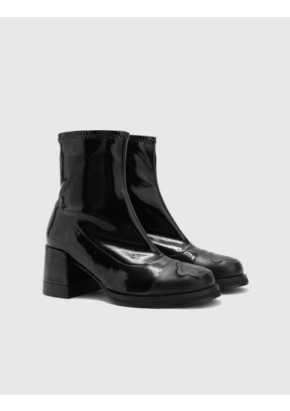 Jelto Hakiki Rugan Deri Kadın Siyah Topuklu Bot