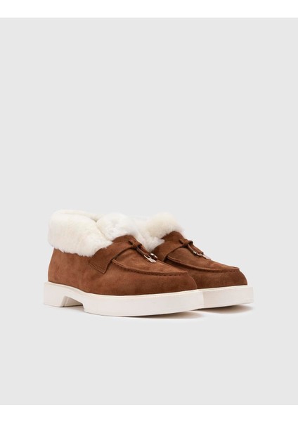 Fazai Hakiki Süet Deri Kadın Taba Beyaz Kürklü Bot