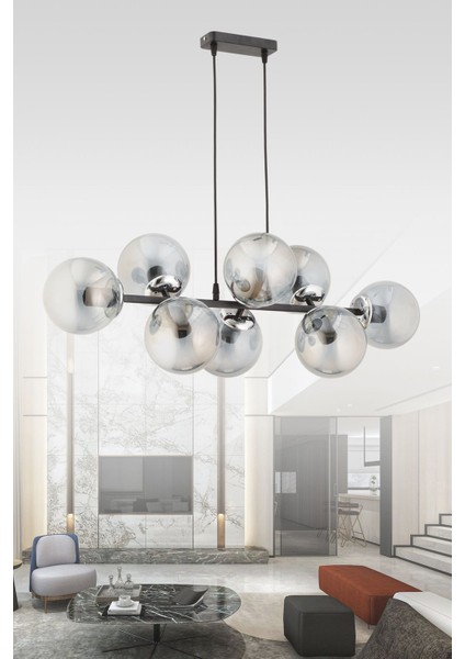 Cross 8'li Krom - Siyah Füme Glob Camlı Modern Sarkıt Avize Oturma Odası Salon