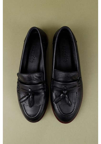 Corna Kadın Deri Siyah Loafer Ayakkabı