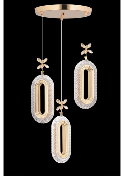 LED Alfa 3'li Gold 3 Renk Ledli Kristal Taşlı Modern LED Avize
