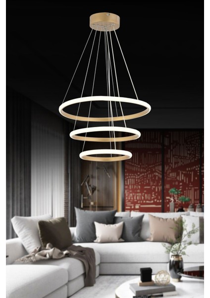 LED Modern Hale 3lü Halka Avize 3 Renk Işık Salon,mutfak,koridor