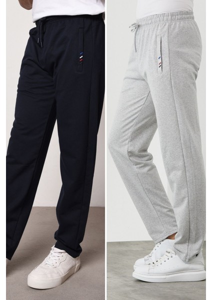 Metalıc Lacivert-Gri Erkek Fermuar Cep Nakış Detaylı Düz Paça Rahat Kesim 2'li Eşofman Altı Paketi