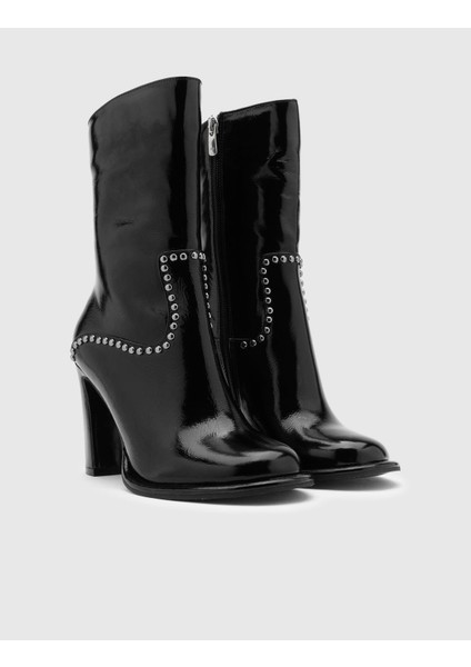 Coleman Hakiki Kırışık Rugan Deri Kadın Siyah Topuklu Bot