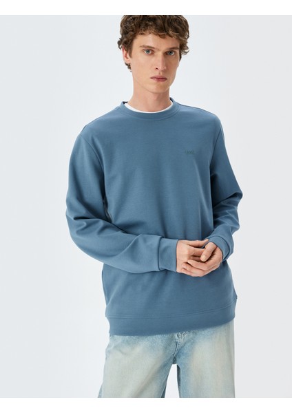 Bisiklet Yaka Basic Pamuk Karışımlı Minimal Baskılı Sweatshirt