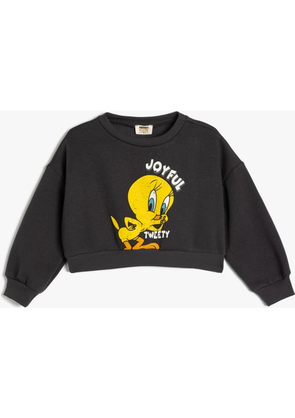 Crop Sweatshirt Tweety Baskılı Lisanslı Şardonlu Uzun Kollu