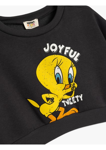 Crop Sweatshirt Tweety Baskılı Lisanslı Şardonlu Uzun Kollu