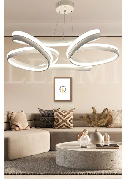 Yüksek Aydınlatmalı Kumandalı Kalın Papatya Tasarımlı Led Avize, 4 Başlık, 60x70 cm