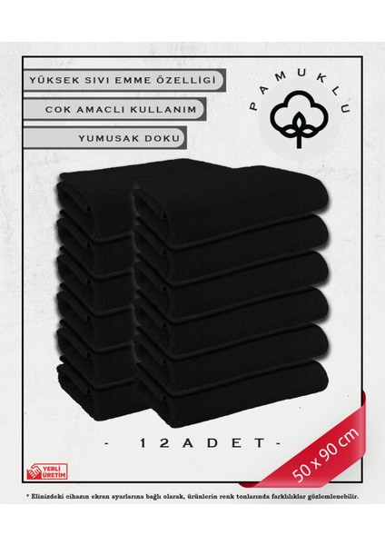%100 Pamuk Havlu Yüz ve Fitness Havlu Seti Siyah - Hassas Ciltlere Özel 12 Adet
