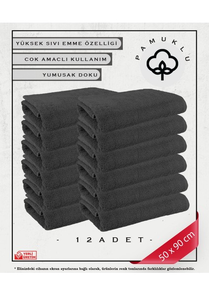 12 Adet %100 Pamuk Havlu Yüz ve Fitness Havlu Seti Gri- Hassas Ciltlere Özel