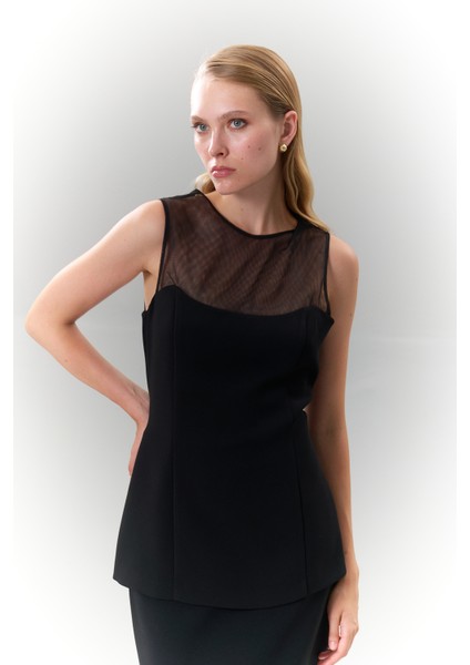 Tül Detaylı Belden Oturtmalı Bluz Siyah K2513045_001