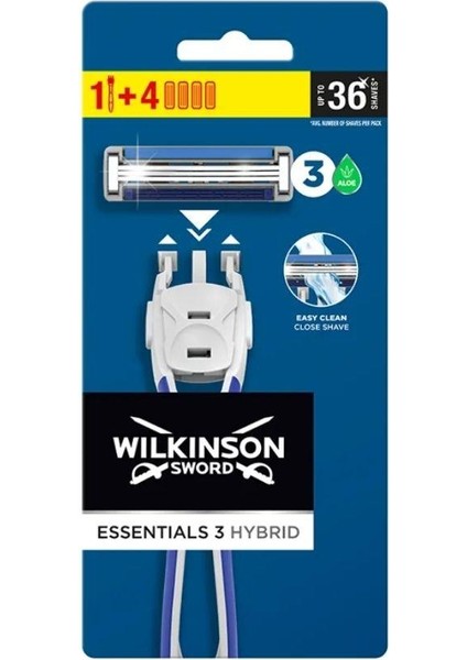 Wilkinson Sword Wilkinson Essentials 3 Hybrid Erkek Tıraş Makinesi Sapı + 4 Yedek Tıraş Bıçağı