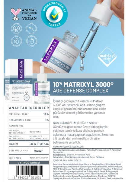 10% Peptide Matrixyl 3000® 1% Hyaluronic Acid Dolgunlaştırıcı Canlandırıcı Nemlendirici Peptit Serum