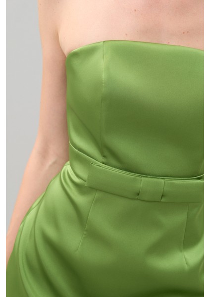 Straplez Saten Midi Boy Elbise Yeşil K2511519_012 modelleri