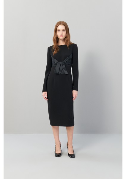 Bağlama Detaylı Dokuma Midi Boy Elbise Siyah K2511511_001