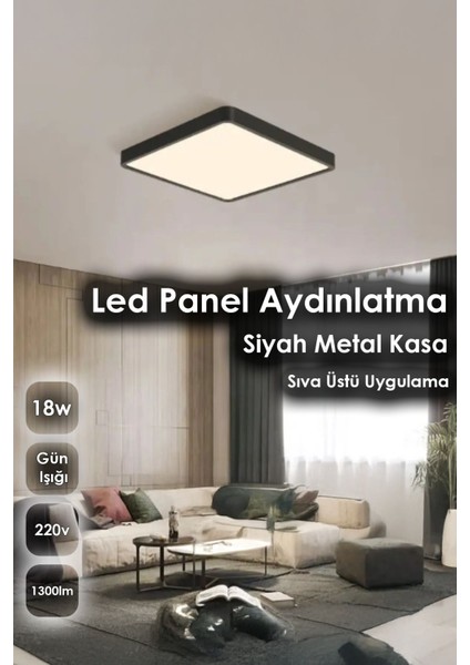 20X20 cm Orta Boy 18W Siyah Metal Kasa LED Panel Avize Armatür Salon Banyo Balkon Tuvalet Aydınlatm