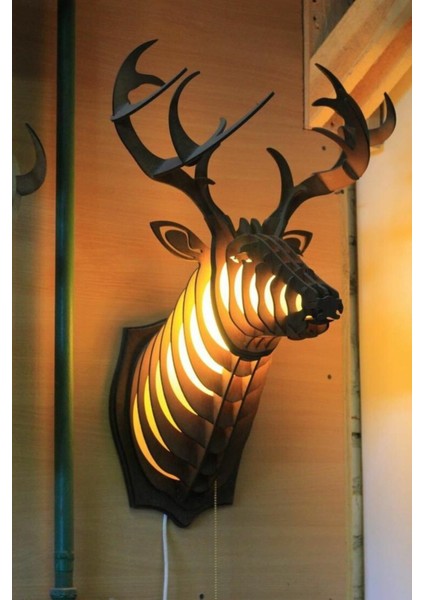 Doğal Ahşap Geyik Kafası Dekoru, Rustik Salon Aplik, Şık Duvar Süsü