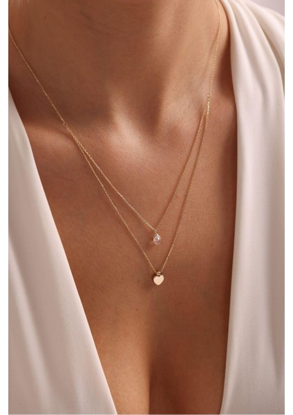 Beyaz Damla Taşlı Çift Sıra Kalp Kolye