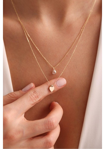 Beyaz Damla Taşlı Çift Sıra Kalp Kolye fiyatları