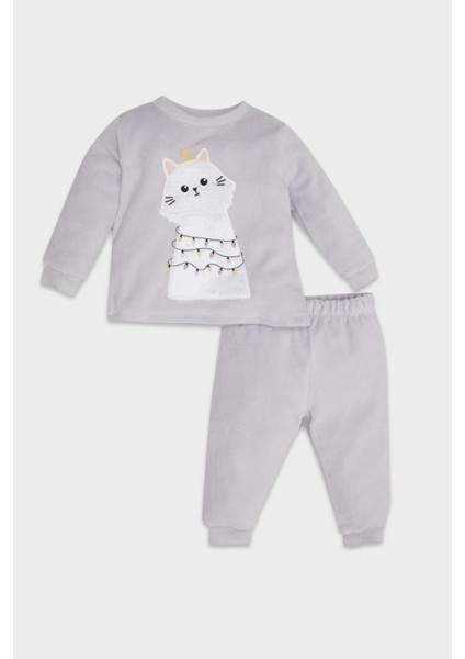 Kız Bebek Pijama Takımı Bisiklet Yaka Yılbaşı Temalı Uzun Kollu Velur Üst Beli Lastikli Uzun Alt D7174A524WN