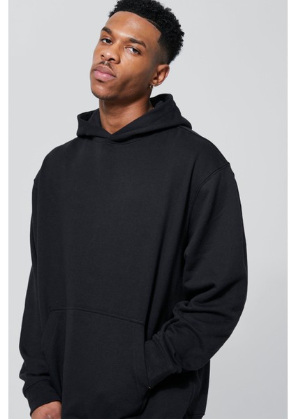 Siyah Kanguru Cepli Kapüşonlu Oversize Sweatshirt