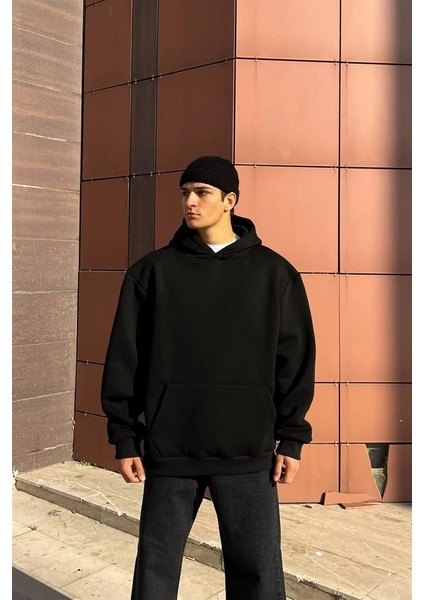 Siyah Kanguru Cepli Kapüşonlu Oversize Sweatshirt