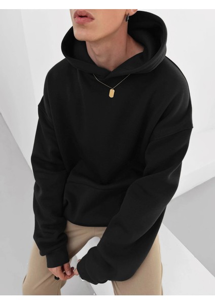 Siyah Kanguru Cepli Kapüşonlu Oversize Sweatshirt