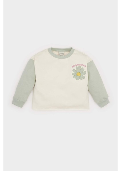 Kız Bebek Bisiklet Yaka Çiçekli İçi Yumuşak Tüylü Sweatshirt D7185A524WN