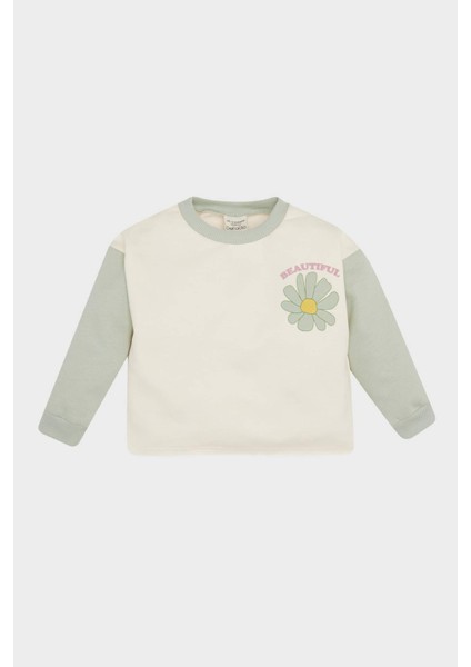 Kız Bebek Bisiklet Yaka Çiçekli İçi Yumuşak Tüylü Sweatshirt D7185A524WN