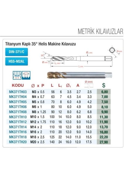 M6X1 Helis Makina Kılavuzu HSS-M2AL Titanyum Kaplı Standart DIN-371/C MK371TH06