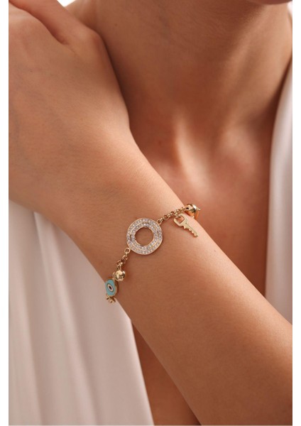 Anahtarlı Nazar Boncuklu Taşlı Halka Tasarım Bileklik