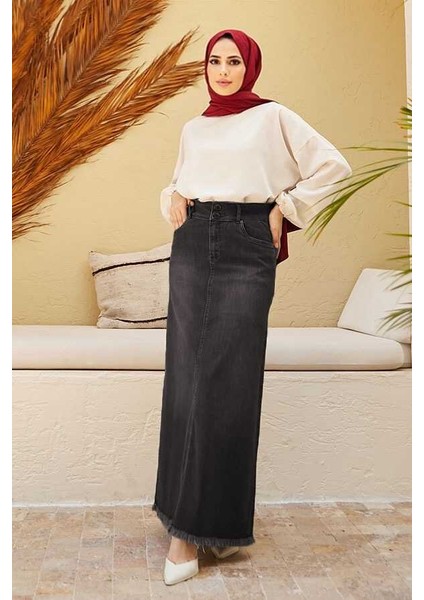 2252-DENIM Püsküllü Etek Füme