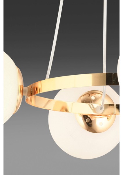 Kardelen Gold 5 Li Halka Kumandalı Beyaz Glop Camlı Modern Avize