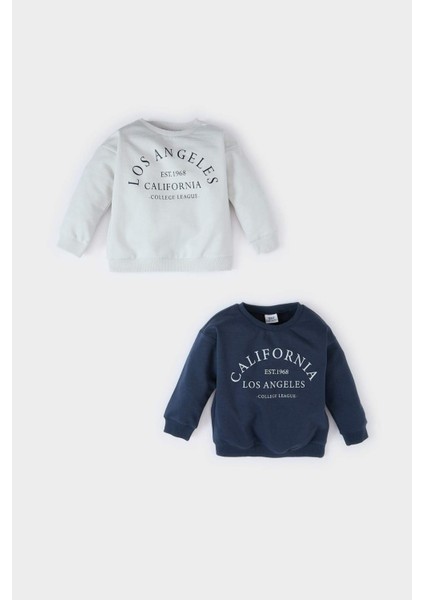 Erkek Bebek Bisiklet Yaka Baskılı İçi Yumuşak Tüylü 2'li Sweatshirt D0709A524WN