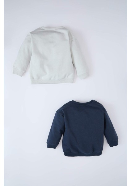 Erkek Bebek Bisiklet Yaka Baskılı İçi Yumuşak Tüylü 2'li Sweatshirt D0709A524WN