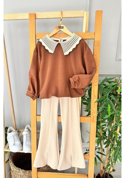 Yırtmaçlı Ispanyol Kız Çocuk Yakalı 2 li takım - Kahverengi