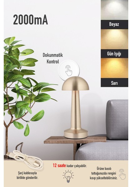 Şarjlı dokunmatik masa lambası, 3 renk, 7 saat kullanım, metal, gri, şık tasarım